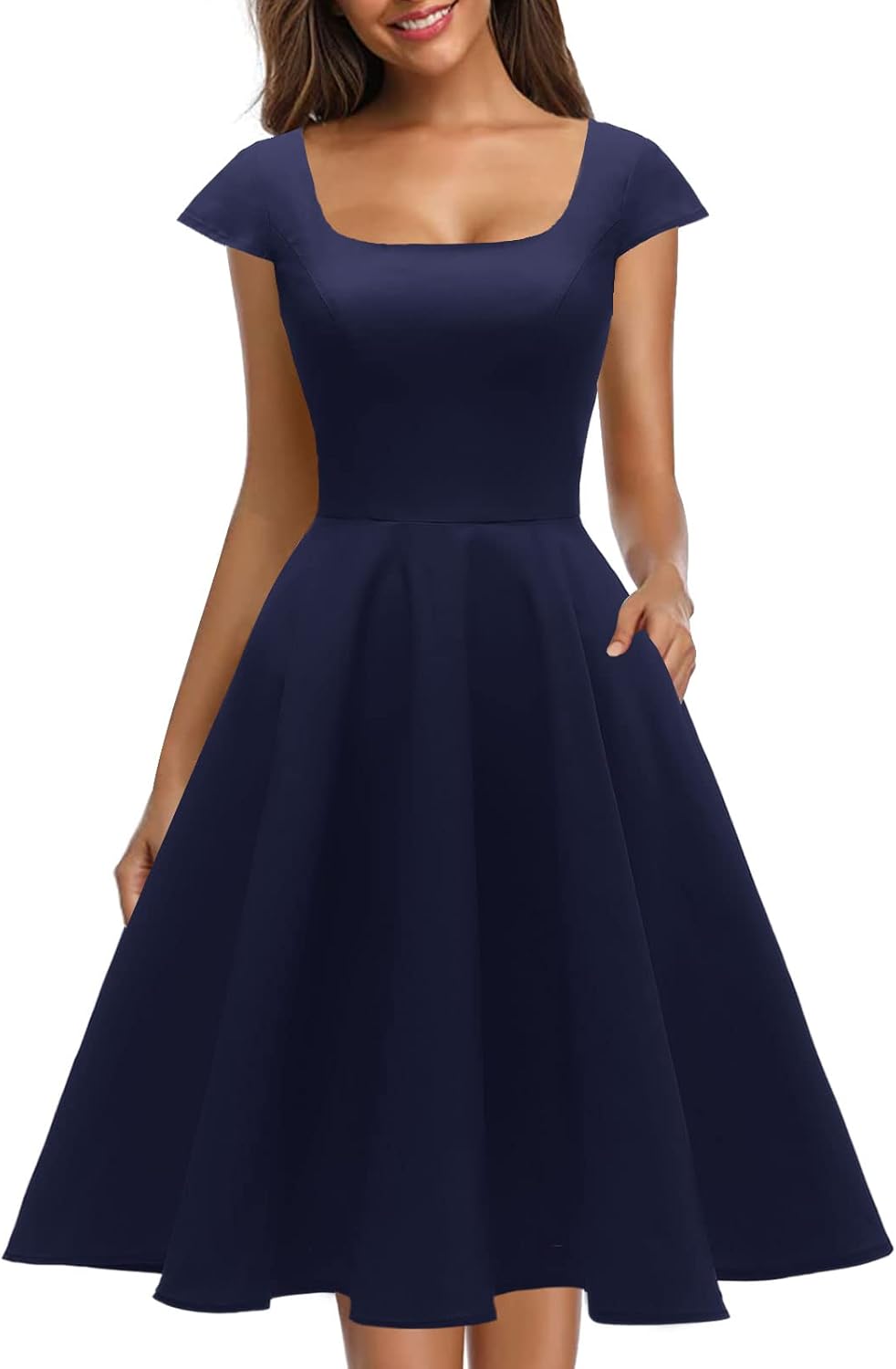 PUKAVT Women's Cocktail Party Dress Cap Sleeve 1950 Retro Swing Dress with Pockets