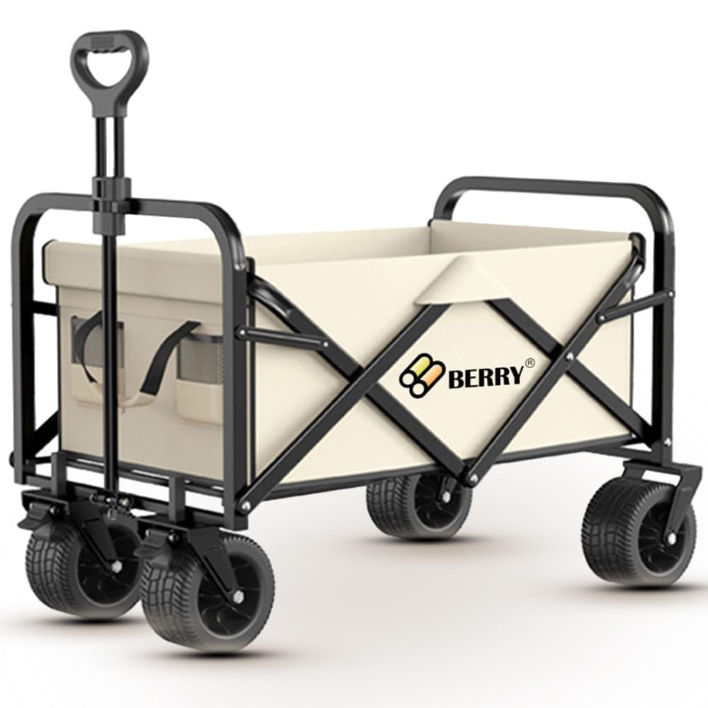 Berry 150KG Capacity Heavy Duty Foldable Utility Wagon - Beige Collapsible Cart with Adjustable Handle, All-Terrain Wheels, & Sturdy Frame for Camping, Beach, Shopping