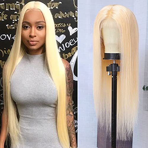 SUNYUON 613 Blonde Lace Front Wig Human Hair 13x4 Pre Plucked Brazilian Straight Lace Frontal Wig with Baby Hair 150% Density Light Blonde Human Hair Wigs for Black Women Bleached Knots (28 Inch)
