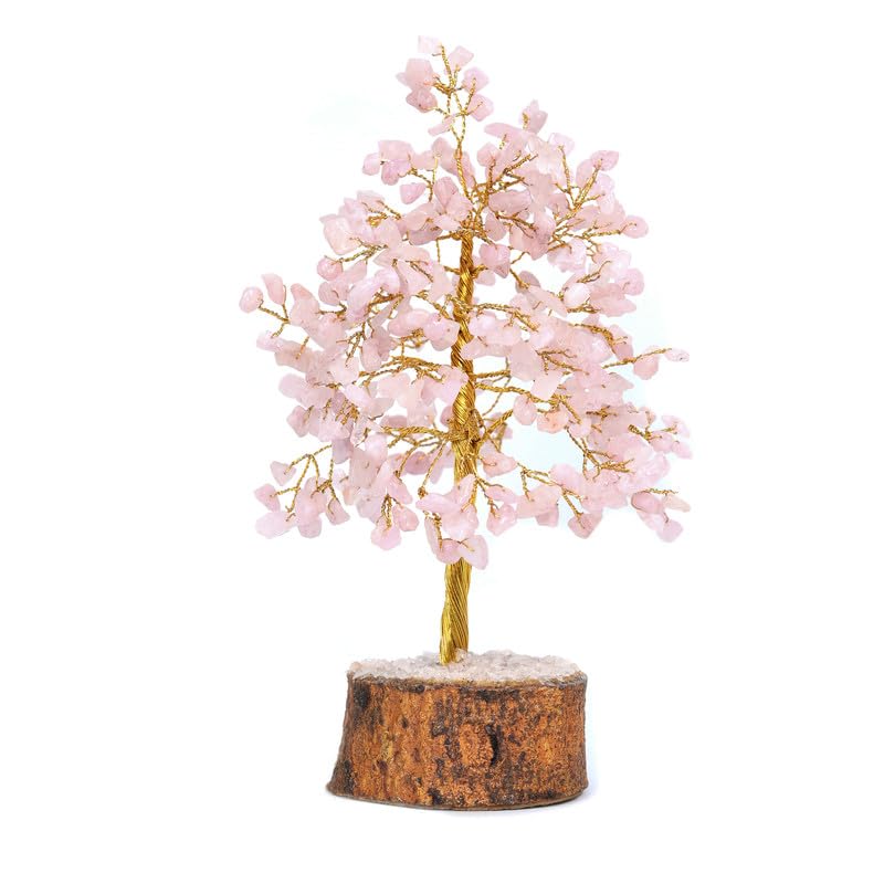 Rose Quartz Crystal Tree with Golden Wire, 300 Beads Bonsai for Positive Energy, Wealth, & Good Luck, Feng Shui Vastu Home Decor & Spiritual Gift, Meditation Showpiece