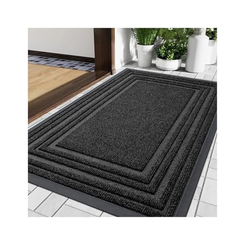 屋外用ドアマット、ドアマット天然ゴム製滑り止めロープロファイル家庭用玄関フロア頑丈な屋内用(Black,43 x 75 cm (Rectangular))