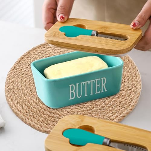 Image of Ceramic Butter Dish with Wooden Lid, Airtight Butter Keeper for Counter or Fridge with Stainless Steel Multipurpose Butter Knife, Butter Container with Double High-Quality Silicone(Light Blue)