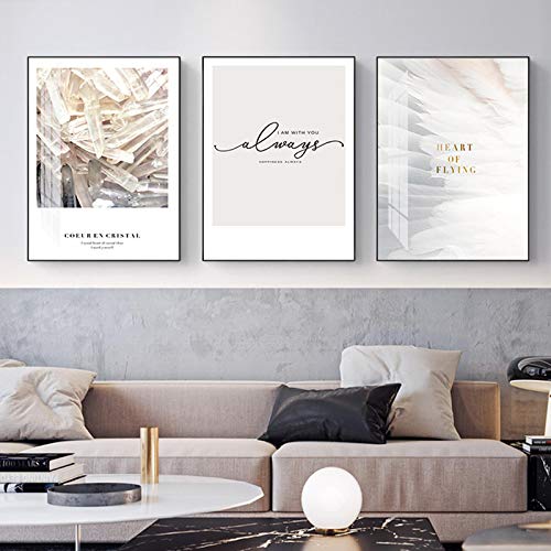 Art mural plume blanche : lot de 3 toiles de salon 50x70 cm style nordique