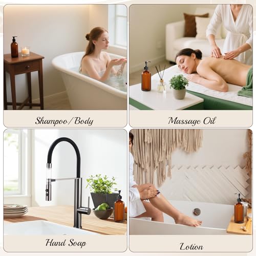 12 Pack Amber Glass Bottles 16oz with Pump Dispensers, Refillable Empty Pump Bottles for Bathroom, Kitchen, Shampoo, Soap, Lotion – Includes 2 Funnels & 12 Labels4