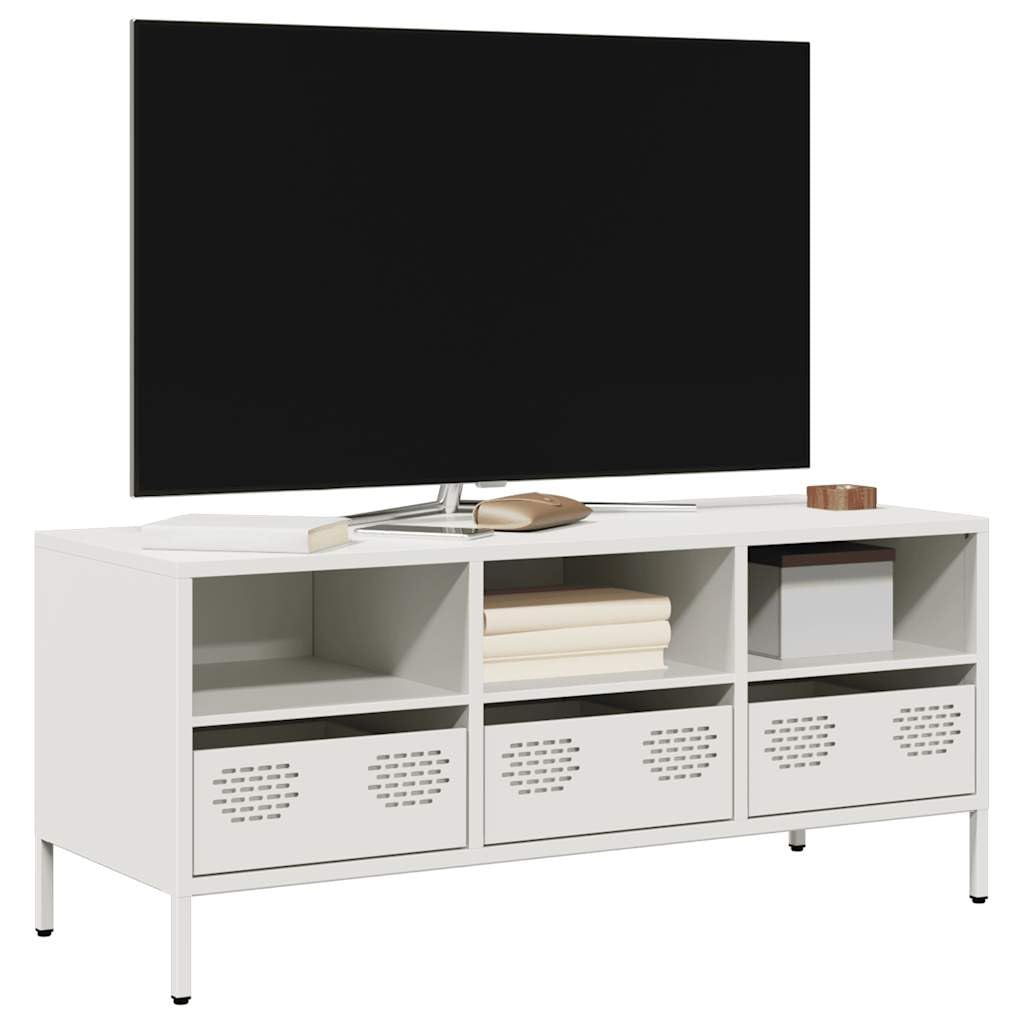 TV-Schrank Weiß, 101,5x39x43,5 cm Kaltgewalzter Stahl, Industrial Design, Modernes Media Center für Wohnzimmer und Schlafzimmer, mit Stauraum