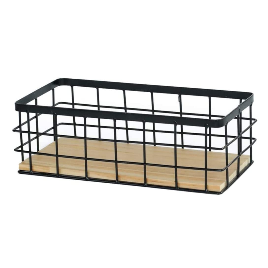KUYYFDS Wire Storage Baskets with Wood Base Rectangular Desktop Wall Hanging Metal Basket Solid Color Minimalist Baskets for Home Kitchen Bathroom Accessories