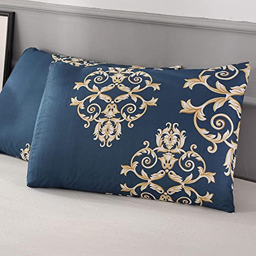 Cozyholy Duvet Cover Set King Size 3 Pieces Blue Reversible Baroque Damask Floral Printed Bedding Sets Soft Microfiber Duvet Cover With Pillowcases, Zipper Closure And Corner Ties #TOP2