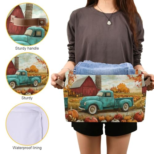 Image of Aslsiy Storage Basket Autumn Pumpkins Truck Maple Nursery Bins Fall Tree Baby Box Canvas Clothes Shelf Basket Laundry Hampers 1 Pcs