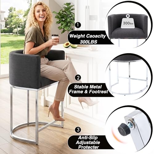 Image of HNY Modern Counter Height Linen Fabric Upholstered Counter Stools Set of 4, 29 Inch Charcoal Kitchen Island Stool with Chrome Finish Metal Frame