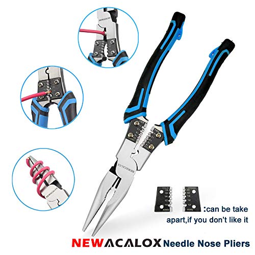 NEWACALOX Multi Pliers Set (Industrial Linemans Side Cutting Needle Nose Plier with Wire Stripper Crimper Function, Heavy Duty pliers Blue)