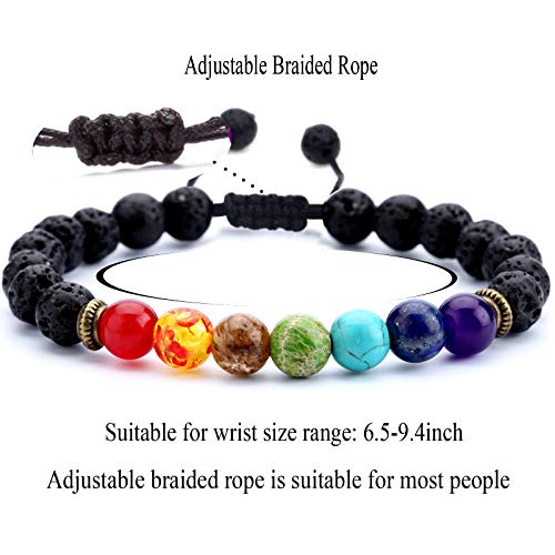 Hamoery Men Women 8Mm Lava Rock 7 Chakras Diffuser Bracelet Braided Rope Natural Stone Yoga Beads Bracelet Bangle (3 Pcs Set) #TOP3
