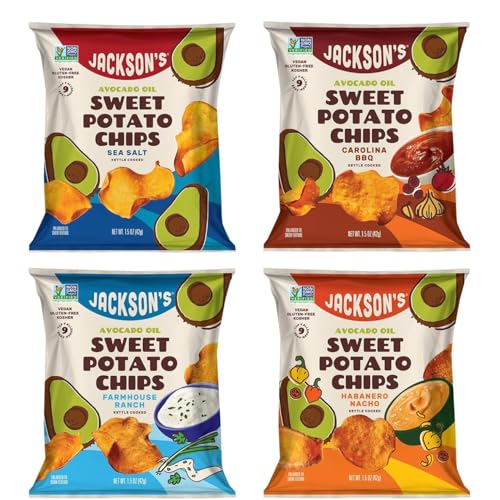 Jackson’s Sweet Potato Kettle Chips Avocado Oil Variety Pack made with Premium Oils (1.5 oz, Pack of 10) Sea Salt, Ranch, BBQ, and Habanero Nacho Flavors - Allergen-friendly, Gluten Free, Vegan