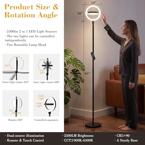Image of Omorepa 36W 2500lm Bright LED Floor Lamp for Living Room, 75.5 Inch Tall Standing Lamp for Office Stepless Dimmable with Remote, Torchiere Lamp with 2 Rotatable Lights 1900K-6500K for Bedroom (Black)