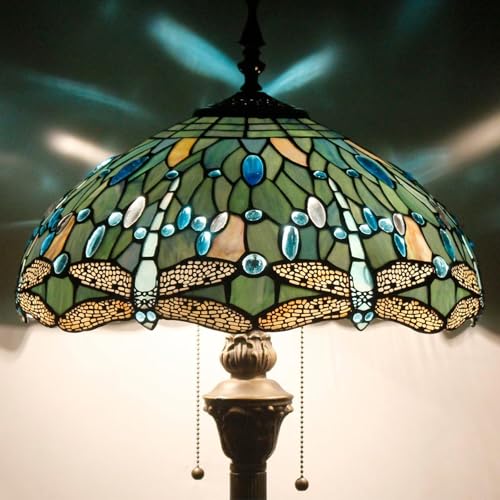 WERFACTORY Tiffany Floor Lamp Sea Blue Stained Glass Dragonfly Standing Reading Light 16X16X64 Inches Antique Pole Corner Lamp Decor Bedroom Living Room Home Office S147 Series