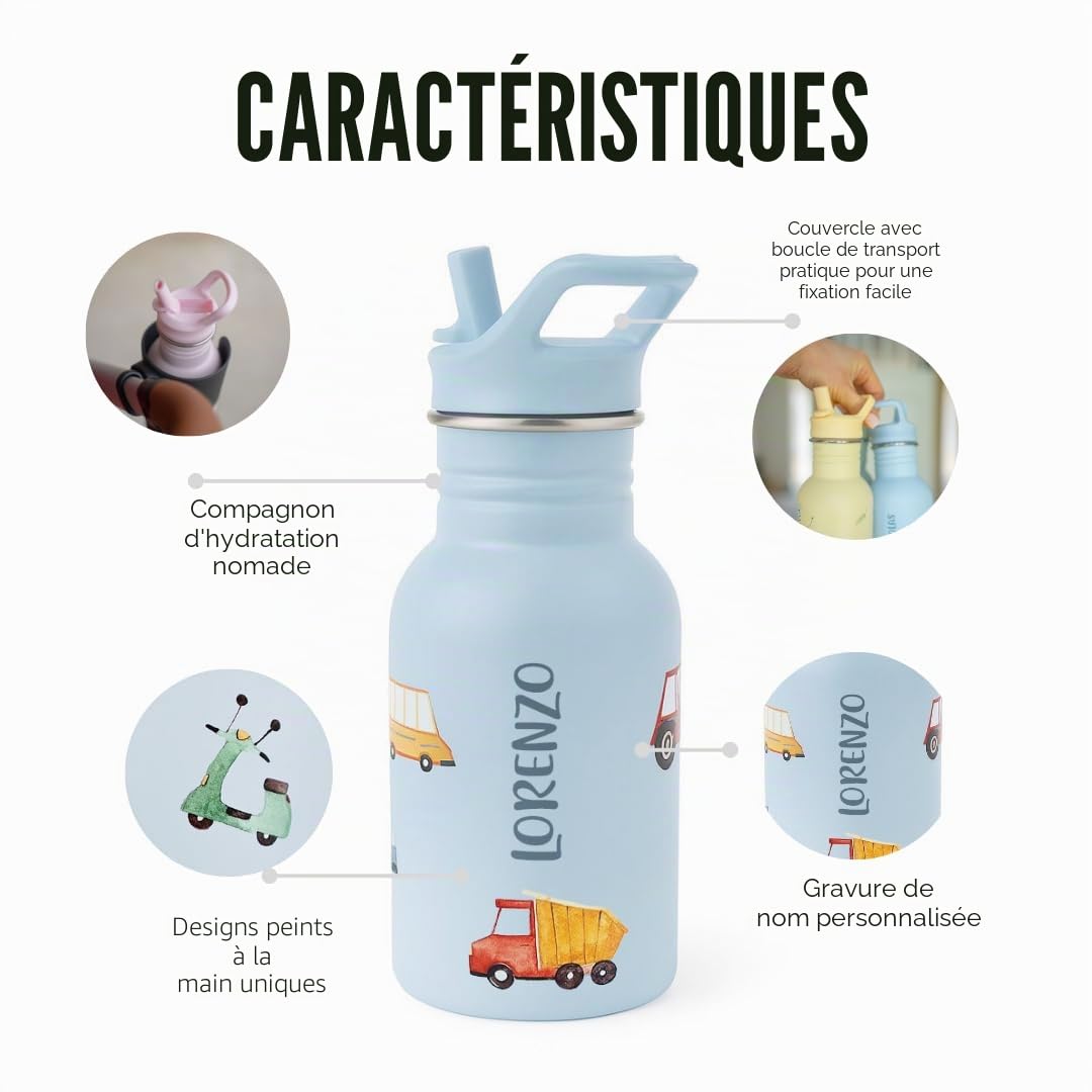 J.Børn Bouteille personnalisée acier inoxydable 350 ml avec paille Roadtrip