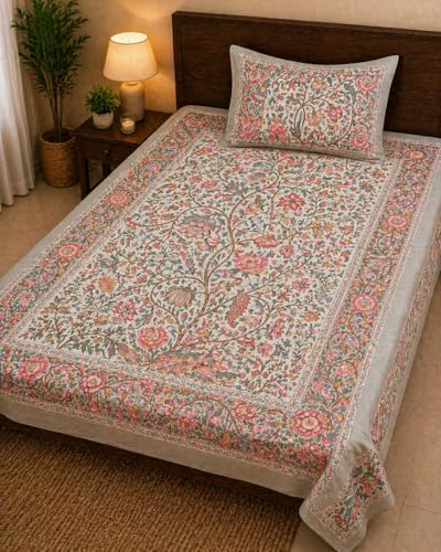 Image of Mafatlal 144 TC Heritage 100% Cotton Traditional Jaipuri Print Single Size Bedsheet (90x60 Inches) with Matching Pillow Cover - Flat, Multicolor