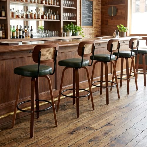 Image of Rattan Bar Stools Set of 2,Upholstered PU Leather, 30''Counter Height Barstools with Back and Wood Legs,360Swivel,Mid-Century Modern Bar Stool for Kitchen Island Dining Room and Bar(Vintage Green)