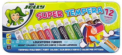 JOLLY Colori Super Tempera, 12 colori brillanti e saturi, non diluiti o verniciabili ad acqua, applicabili a tutti i materiali