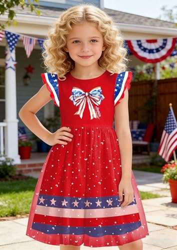 Image of Girls 4th of July Dress American Patriotic Outfit USA Independence Day Clothes Flutter Sleeve Tulle Tutu Dress 5-14y