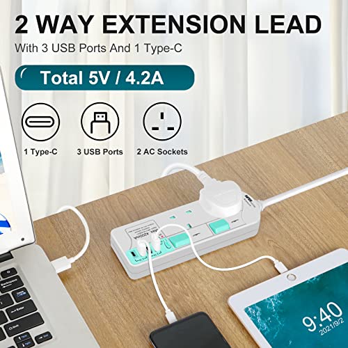 SE UKASE Extension Lead with USB Slots(5V/5A),USB Timer, 2 Way Plug Sockets with Individual Switches USB and Type C - Image 2