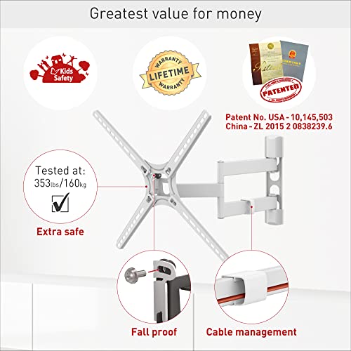 Barkan White Tv Wall Mount,13-65 Inch Full Motion Articulating - 4 Movement Flat/Curved Screen Bracket, Holds Up To 88 Lbs, Patented, Lifetime Limited Warranty, Ul Listed, Fits Led Oled Lcd #TOP2