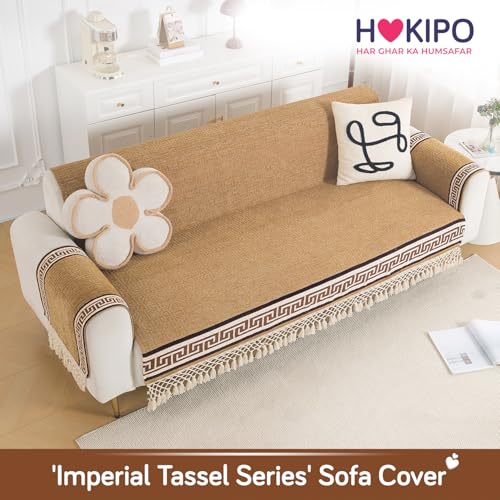 Image of HOKIPO 'Imperial Tassel Series' Premium Chenille Jacquard Sofa Cover Set for 3 Seater for Seat, Back & Arms with Tassels, Caramel Brown (IN-1011 + IN-1012-I2*2)
