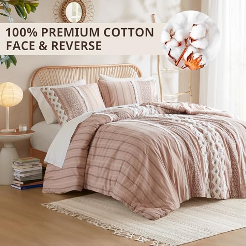 Image of INK+IVY Comforter for King Size Bed, Chenille Tufted, Breathable Cotton Comforter Set King, All Season Modern Boho Comforter with Farmhouse Bedding Flare, 2 Matching Shams, King Blush 3 Piece