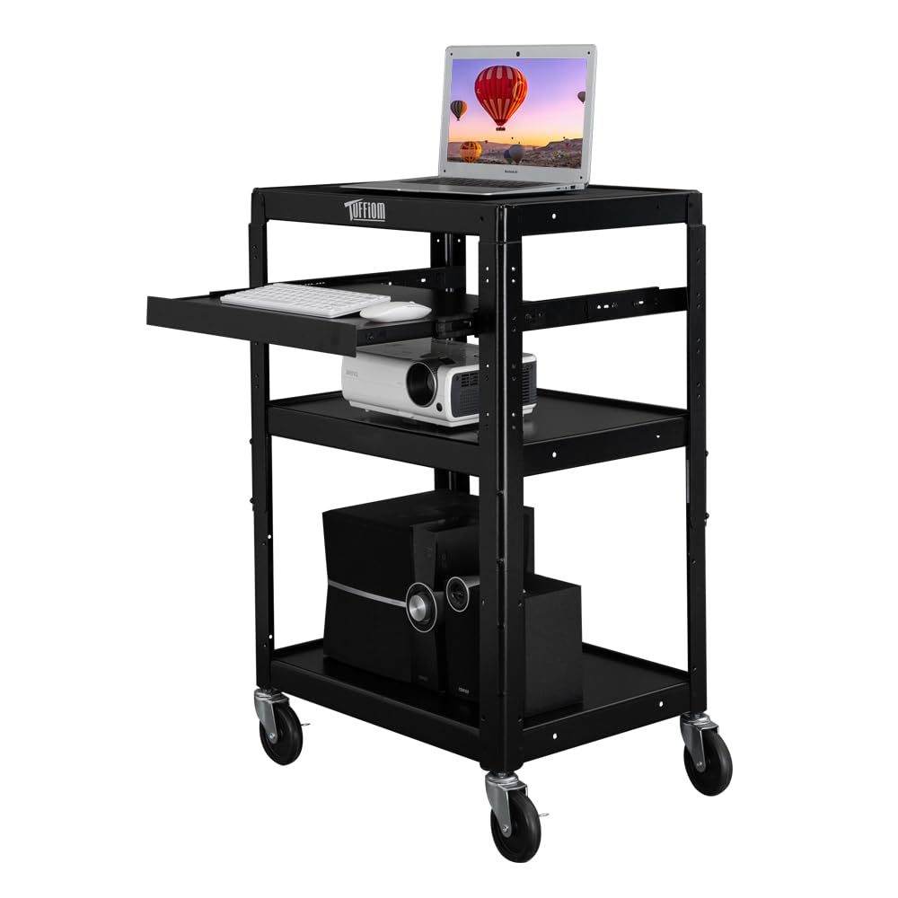 TUFFIOM AV Presentation Cart for Video Projector Laptop Computer, Mobile Workstation Utility Media Cart for School Classroom Office, Rolling Storage Stand with Keyboard Shelf, Black