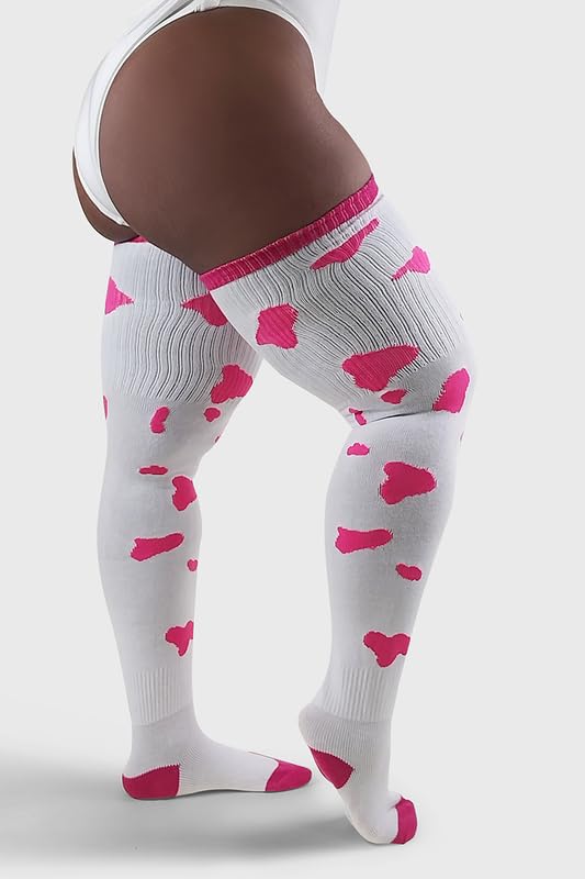 Image of Thunda Thighs Plus Size Thigh High Socks, Over the Knee High Boot Stockings Leg Warmers, Extra Long & Thick Socks Cow Print White & Neon Pink