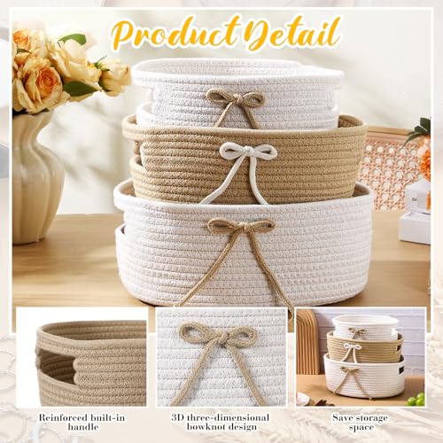 Image of Breling 3 Pieces Bow Laundry Baskets with Coquette for Kids,Basket Bow Woven Gift Baskets with Handles for Living Room Toys Organizer,Girls Nursery Playroom, Pet Toy Basket(Khaki, White)