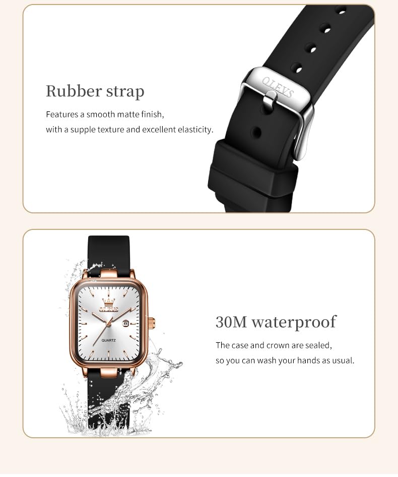Image of OLEVS Watch for Women Quartz Square Dial Analog Wristwatch Silicone Waterproof Classic Elegant Design Ideal Daily Wear Gift