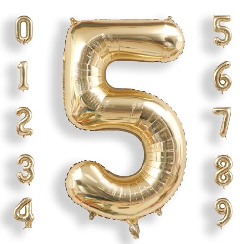 Image of AULE 40 Inch Large 5 Balloon Numbers Light Gold, Big Foil Number Balloons, Giant Helium Happy Birthday Party Decorations for Man and Women, Huge Mylar Anniversary Party Supplies