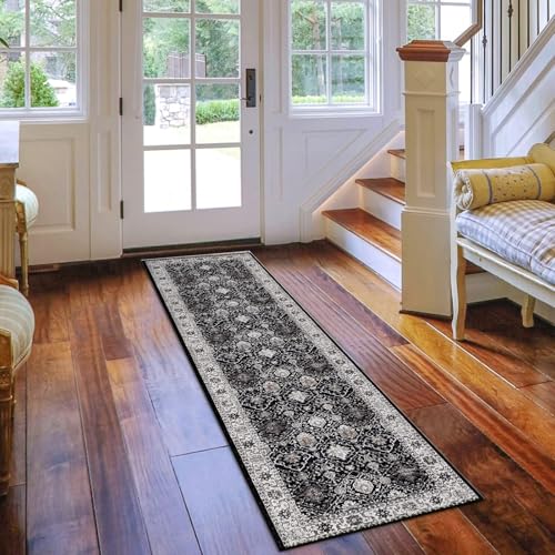 Hallway 2x8 Washable Runner Rug: Oriental Stain Resistant Kitchen Entryway Rugs Farmhouse Ultra Soft Bathroom Bedroom Print Floor Mat Thin Non Slip Indoor Carpet for Living Room Laudry(2x8,Black)