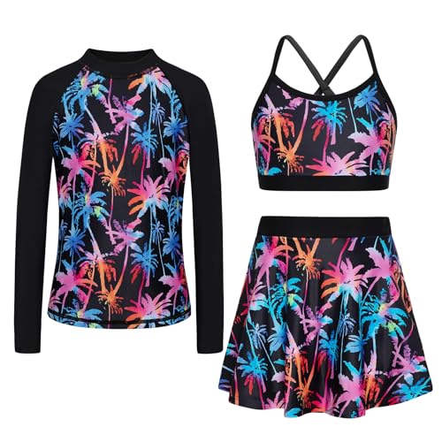Girls Swimsuit Long Sleeve Swim Shirt 3 Piece Rash Guard for Girls Bathing Suit with Boyshorts Black Coconut Tree 9-10 Years