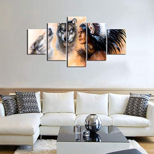 Native American Decor Indian Man In Ethnic Feather With Wolf Wall Art Canvas Painting 5 Pieces Modern Posters Prints Pictures Artwork For Living Room Home Decor Ready To Hang (60''Wx32''H) #TOP1