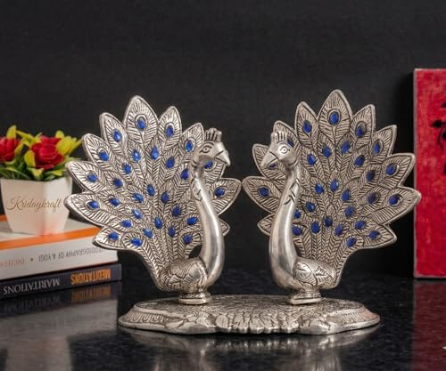 Image of KridayKraft Double Peacock Metal Statue, Lovers Peacock Couple, Animal Showpiece Figurines, Feng Shui as Table Top Figurine for Living Room, Office, Bedroom, Decorative (Silver)