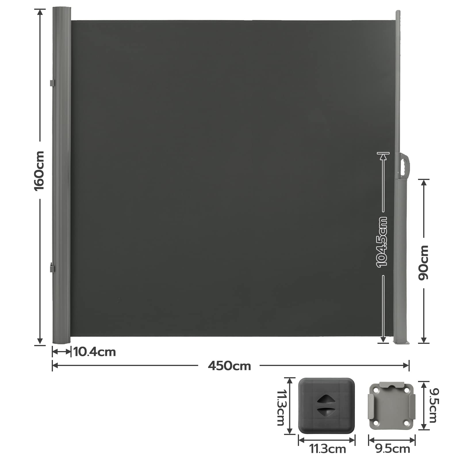 LARMNEE 160 x 450 cm (H x L) Store latéral, Brise-Vue Rétractable pour Jardin, Balcon, Terrasse, Auvent Latéral, Pare-Soleil, Gris foncé EGY1645BP02