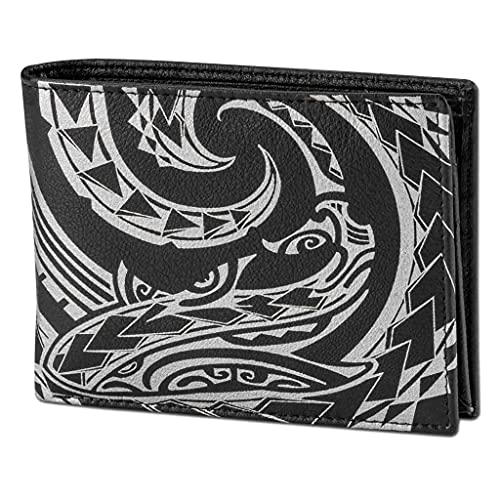 Hawaiian Shark Tattoo Flip ID Billfold Wallet for Men, Genuine Leather, "Mano" Tattoo art by Kuaika Quenga (Black) from NAKOA2