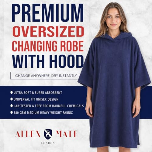 Image of ALLEN & MATE 100% Cotton Hooded Surf Poncho Changing Robe - Quick Absorbent Changing Towel with Pocket for Surfing Men Women