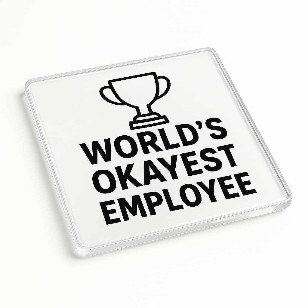 The Plum Penguin Trophy Of Okayness Acrylic Coaster Gift Featuring Humorous Trophy Design - 'World's Okayest Employee' Office Desk Accessory For Colleague Appreciation