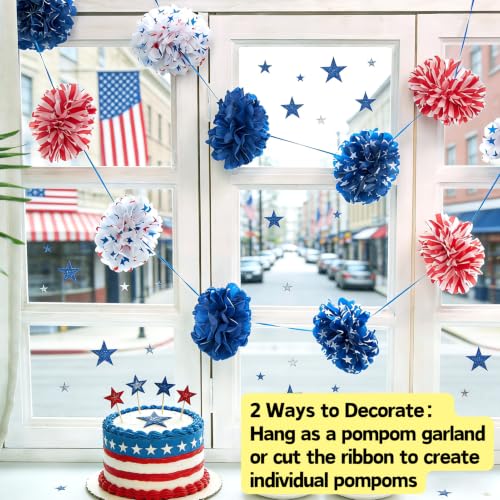 Image of Homarkable Red White and Blue Tissue Paper Pom Pom Garlands, Patriotic Decorations, Paper Pompom Decors for Memorial Day, Fourth of July Independence Day Supplies Party Decor