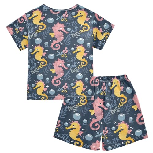 ALAZA Seahorse Leaves Navy Blue Pajamas Short Sleeve 2 Piece Sleepwear Top and Bottom Pajama Set Unisex2