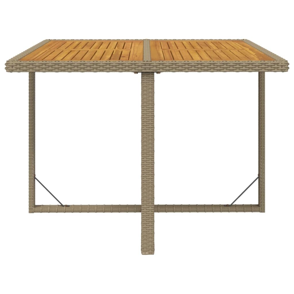 Stół ogrodowy, beżowy, 109 x 107 x 74 cm, polirattan, akacja, odporny na warunki atmosferyczne, stół do jadalni na balkon, do użytku na zewnątrz, ze stabilnym blatem drewnianym, do ogrodu, na