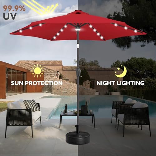 Image of 10ft Solar Patio Umbrella - Outdoor Umbrella with Centre Surround Light 24 LED Lights, Market Table Umbrella with Tilt for Pool, Porch, Garden, Deck, Backyard UV Protection (Red)