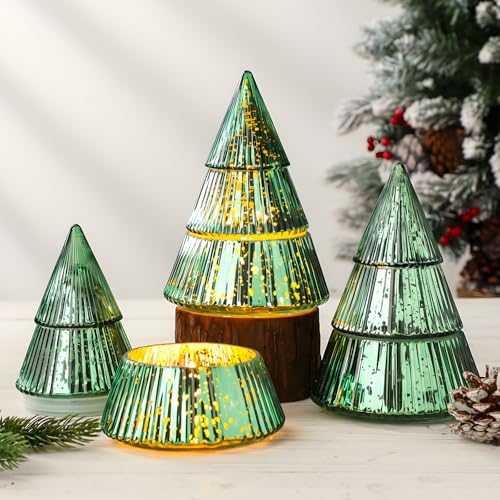 Vesici 3 Pcs 10 oz Christmas Tree Glass Candle Jars Mercury Glass Tree Decorative Xmas Empty Containers Bulk Refillable Storage for Christmas Holiday Candle Making Tea Biscuits Party Favors(Green)