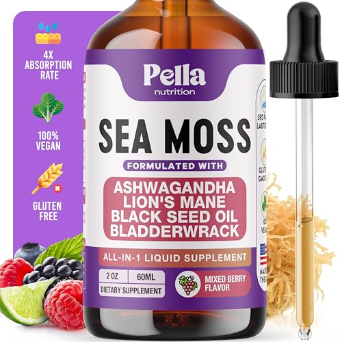 Image of Sea Moss and Ashwagandha Liquid Supplement - Infused with Lion's Mane, Black Seed Oil, and Bladderwrack - Vegan, Easy-to-Mix Formula - Supports Antioxidant Activity & Immune Health (Mixed Berry, 60mL)