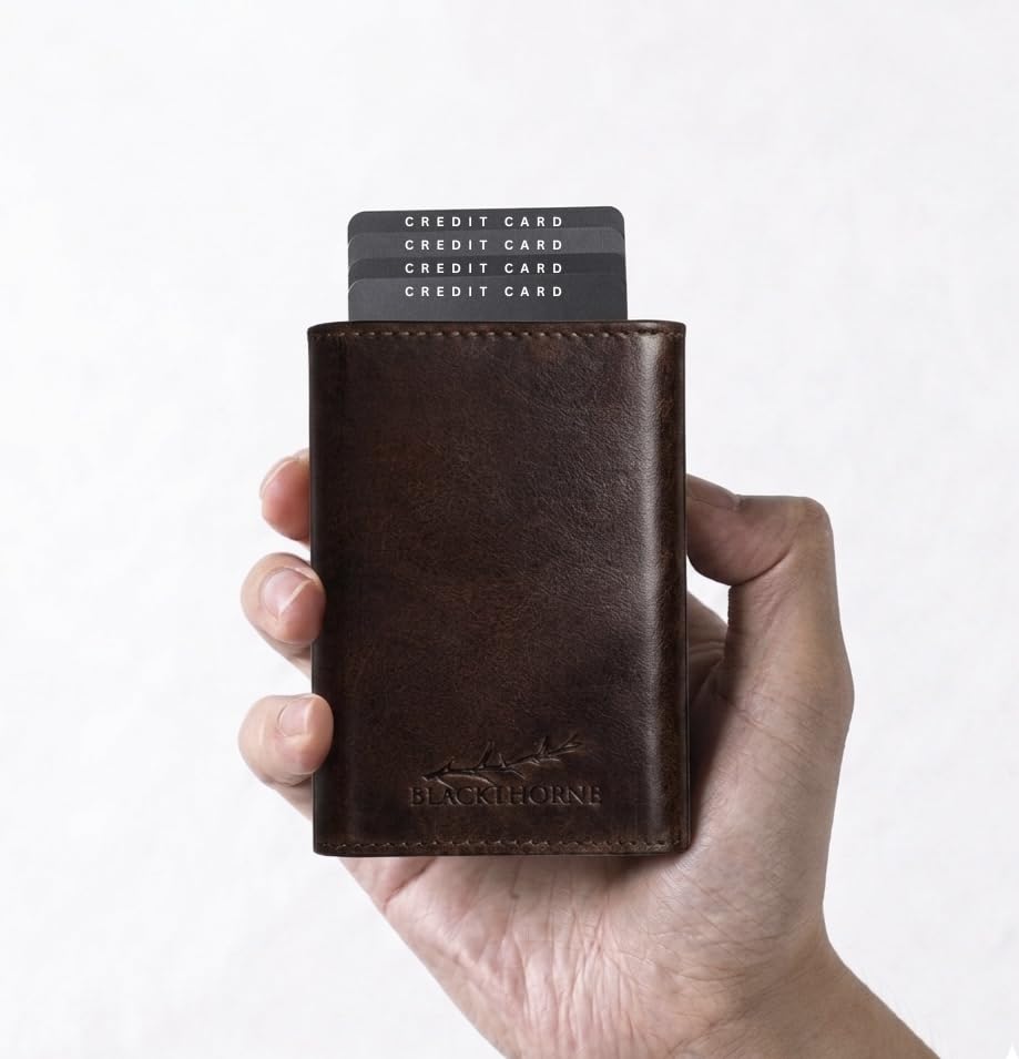 Image of BLACKTHORNE Wallet for Men | RFID Blocking Genuine Leather Pop-Up Card Holder | Slim Minimal Design with Aluminium Case Holds 6-8 Cards, Coin Pocket & Magnetic Closure (Brown)