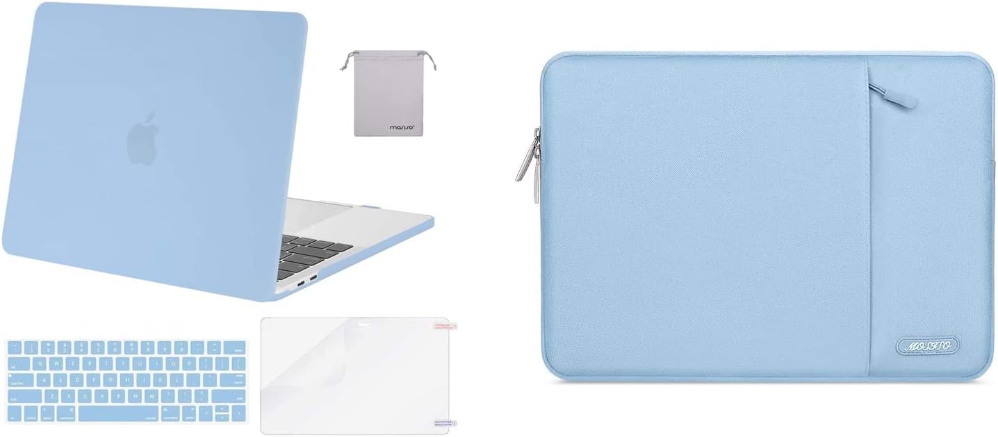 MOSISO Compatible with MacBook Pro 13 inch Case 2016-2020 Release A2338 M1 A2289 A2251 A2159 A1989 A1706 A1708, Plastic Hard Case&Vertical Sleeve Bag with Pocket, Airy Blue