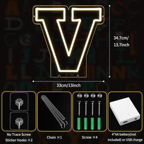 Image of Light Up Letters V, Led Marquee Letter Lights Neon Sign, 13.7 inch Height Decorative Lighted Alphabet Number, Battery /USB Powered Led Letters Lights for Wedding, Birthday, Party, Christmas or Home Decor