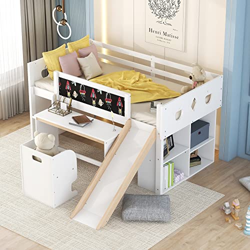 Merax Low Loft Bed With Slide And Blackboard, Twin Wood Bed Frame With Desk, Chair And 4 Storage Cabinets, For Boys & Girls (White) #TOP12